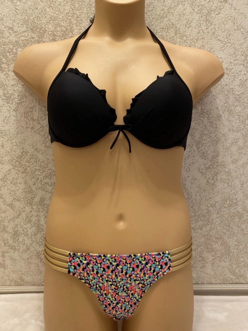 Victoria's Secret Black Ruffle Push-Up Bikini Top with Confetti Print Bottoms